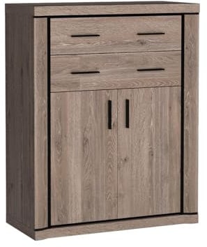 Mirjan24 Kommode Mannar M-06, mit 2 Schubladen und Türen, Anrichte, Sideboard, Mehrzweckschrank, Naturtöne, Farbauswahl, Highboard, Flurschrank, Wohnzimmer (Eiche Trüffel)