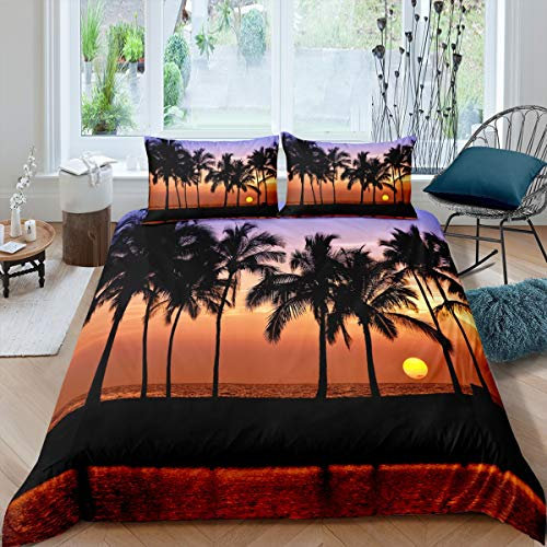 Palm Trees Comforter Cover Sunset Duvet Cover Hawaii Room Decor Bedding Set For Kids Boys Girls Teens With Zipper Closure (1 Duvet Cover 2 Pillow Cases),King Size
