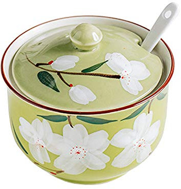FUYU Hand-painted Flower Ceramic Condiment Pot Seasoning Jar Sugar Bowl with Lid and Spoon, Green