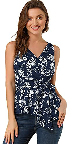 Allegra K Damen Ärmellos Asymmetrisch V Neck Wrap Streifen Top Bluse Marineblaue Blume L