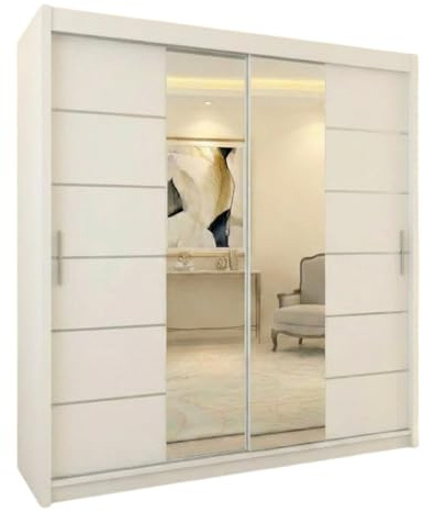 INTERWOOD Full Mirror Sliding Door Wardrobe – 2 Doors Storage Cabinet with Hanging Rail, Adjustable Shelves and Chrome Handles | Strong MDF Wardrobe for Home Office, Bedroom Furniture 150cm(white)