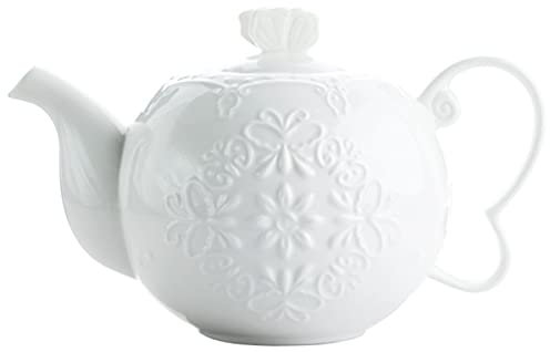 Sizikato White Porcelain Teapot with Lid, 30oz Coffeepot, Flower and Butterfly Embossed