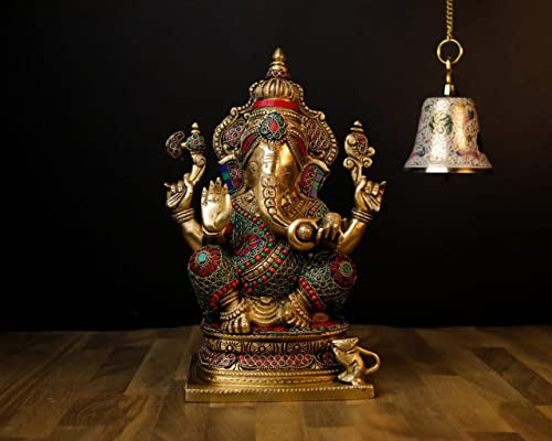 SHIVAJI ARTS Ganesha Statue, Messing-Intarsien, mehrfarbig, 35,6 cm, groß, 1 Stück