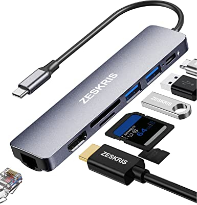 USB C Hub, ZESKRIS 7-IN-1 USB C Adapter kompatibel mit Ethernet, 100W PD Power Delivery, 4K HDMI, 2 USB 3.0 Ports, TF/SD/microSD Kartenleser, USB-C Multiport Adapter für MacBook iPad Pro Switch Laptop