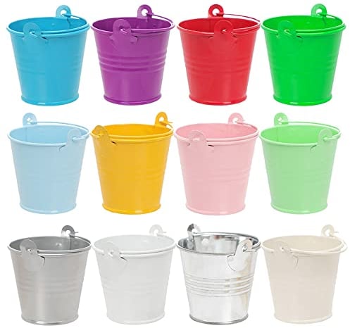 Hazrcvr Metalleimer Klein 12 Stück Mini Eimer Bunt Kleine Hängetöpfe Geschenk Hochzeit Party Taufe Süßigkeiten Bonbons Tischdeko Metalleimer mit Griffen Blumentopf mit Hängend