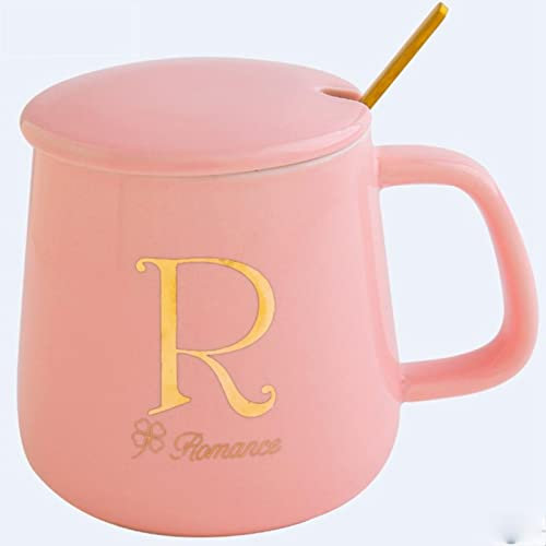 XKUN Mug Pink Mugs Coffee Cups Set For Best Friend Daughter Gift With Lid & Spoon 26 Letters Custom Mug Office Cute Ceramics Water Cup-R,450Ml
