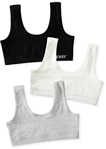 INNERSY Bustier Mädchen Baumwolle Sport BH Teenager Schwarz Weiß Grau Kinder Unterwäsche 3 Pack (XL, Klassische Farbe)