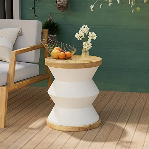 COSIEST Outdoor Side Table, Round MgO Concrete Side Table, Patio End Table, Lightweight Concrete Accent Table with Rotund Base, Cylinder Top Plant Stand for Garden and Deck