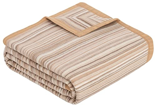 Ibena Malang Wolldecke 150x200 cm - Baumwollmix weich, warm & waschbar, Kuscheldecke Streifen beige