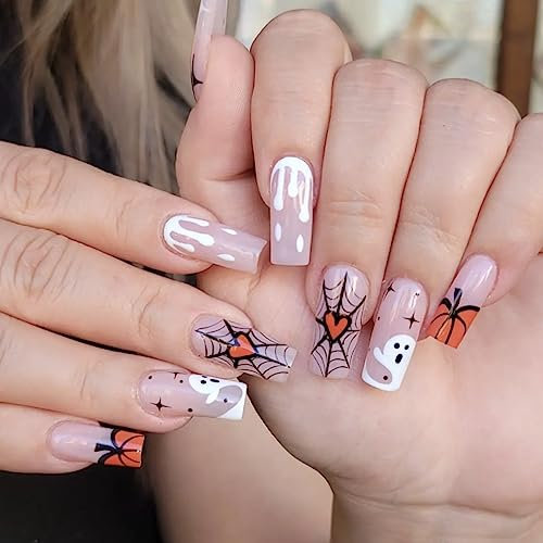 24PCS Long False Nails with Glue Stickers,Coffin Full Cover Acrylic Nails Press on Nails no Glue, Ghost Pumpkin Halloween French Fake Nails Stick on Nails for Women and Girls Nail Art