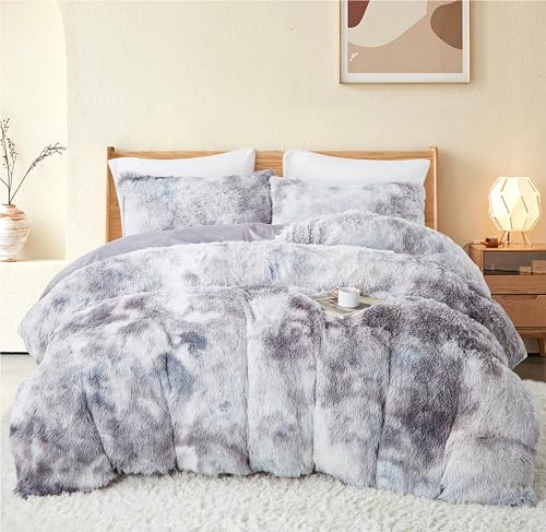 Freyamy Plüsch Bettwäsche 135x200cm Grau Langhaar Kunstfell Flauschig Winterbettwäsche Flanell Samt Biber Warme Deckenbezug Cashmere Touch Bettbezug mit Reißverschluss und 1 Kissenbezug 80x80cm