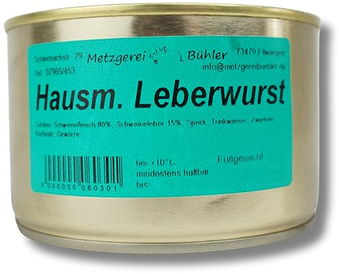 Hausmacher Leberwurst Dosenwurst 120g-400g Wurstkonserve Leberwurst in der Dose aus 80% deutschem Schweinefleisch 12 Monate haltbar perfekt als Notnahrung und fürs Camping Metzgerei Bühler (400g)
