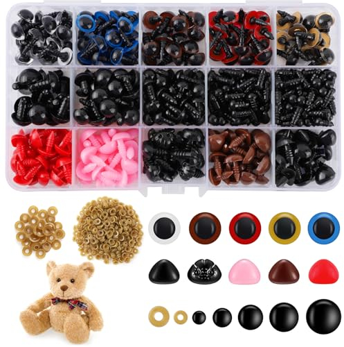 752 Stück Sicherheitsaugen und -nasen aus Kunststoff, bunte Augen und Nase mit Unterlegscheiben, Puppenaugen und Plüschnase, Kunststoffaugen für Amigurumi, handgefertigte Plüschbär (Ø 6 ~ 12 mm)