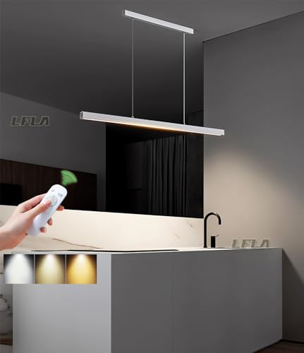 LFLA 80cm Moderne LED Pendelleuchte Weiß Kücheninsel Dimmbar Lineare Esstisch Hängeleuchte mit Fernbedienung Pooltisch-Inselleuchte höhenverstellbar Holzleuchte Kronleuchter für Esszimmer Bürolampe
