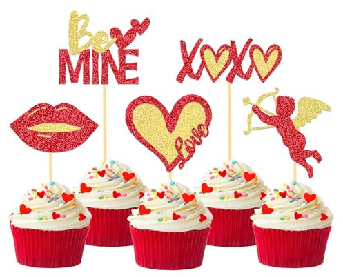 25 Stück Glitzer Valentinstag Cupcake Toppers, Herzen Kuchendeko, Valentinstag Tortendeko für Valentinstag Heiratsantrag Verlobung Hochzeit Party Deko (L Gold)