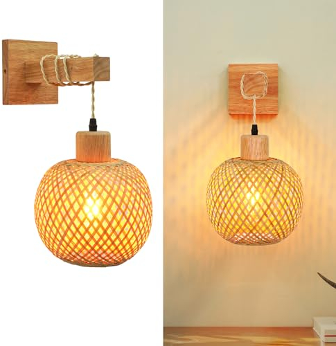 CRFASIBE Rattan Wandleuchte mit Holzsockel, Bambus Wandlampe Boho, Retro Wandlampe mit Hanfseil für Wohnzimmer Schlafzimmer Treppen Flur
