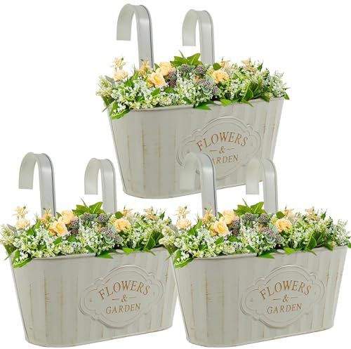 3pcs Métal Pots de Fleurs Suspendus,27cm Grands Pots de Fleurs à Suspendre, Seau à Fleurs Suspendu avec Crochet Amovible pour Balcon Clôture Balustrade Jardin Décoration d'Intérieur Exterieur