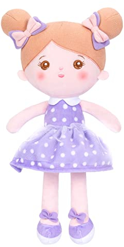 OUOZZZ Baby Puppe, Weiche Stoffpuppe Mädchen mit Lila Gepunktetes Kleid, Stoffpuppen Kuschelpuppe für Kinder ab 3 Monaten - Baby Geschenk zur Geburt Mädchen Jungen, 38cm