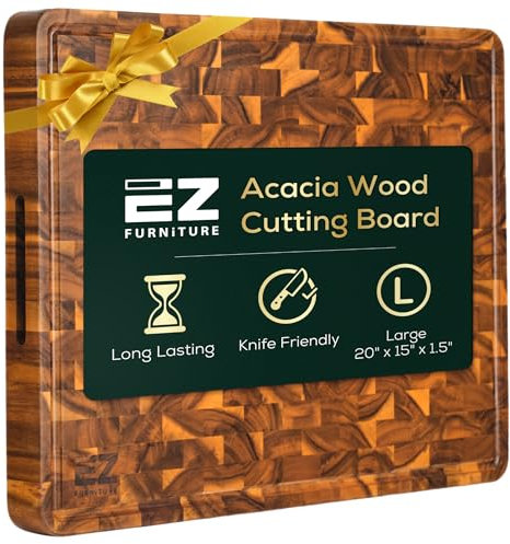 EZ FURNITURE Schneidebrett aus Akazienholz, 50,8 x 38,1 x 3,8 cm, Hirnholz mit Saftrille und Griffen, messerfreundlich, geeignet zum Hacken, Ästhetik für die Küche