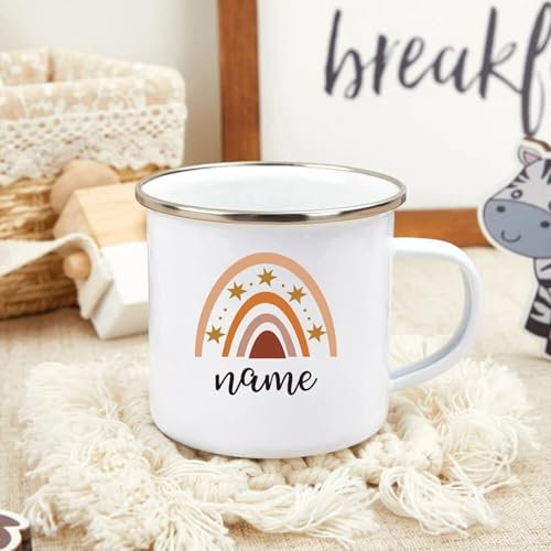 Tasse en émail personnalisée arc-en-ciel rustique cadeaux d'anniversaire festifs tasse en émail pour enfant, femme, ami, camping-car, tasse arc-en-ciel, cadeau pour bébé
