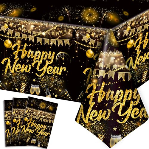 Huxolynifty 3-teilige Silvester Deko 2025, 108 x 54IN Frohes Neues Jahr Tischdecken 2025, Schwarz und Gold Party Tischdecke für Neujahrsparty, Happy New Year Deko 2025
