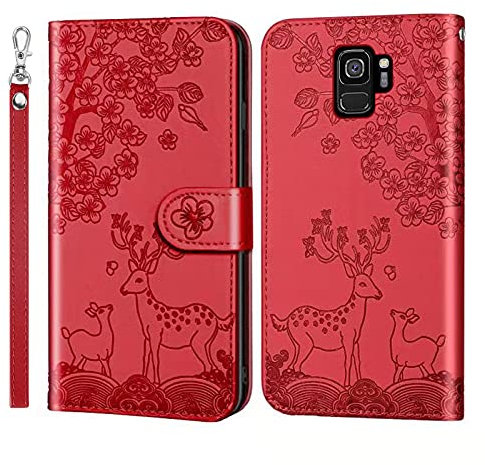 Nbziyoo Phone Case for Samsung Galaxy S9, Embossed Deer Floral Animal Flip Wallet Case with Card Slots, Premium Magnetic Protective PU Leather Cover Case for Samsung S9.Red