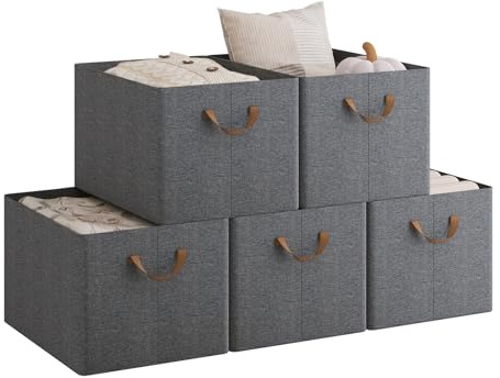WOLTU Aufbewahrungsbox 5 Stück, mit Griffen, faltbar, Grau, 42x26x32 cm | aus Polyesterstoff, für Schlafzimmer, Arbeitszimmer, Wohnzimmer, für Kleidung Spielzeug, Organizer Box mit Griffen, faltbar,