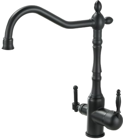 Kitchen Tap with Filter 360° Swivel Antique Vintage Kitchen Sink Tap Dual Handle 1 Hole Kitchen Mixer Tap,Drinking Water Tap, 3 in1 Kitchen Mixer Tap with Drinking Filtered Water Outlet Matte Black
