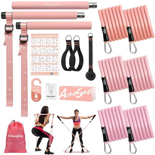 ALongSong Fitnessbänder Pilates Bar Set mit 6 Widerstandsbänder 20-180Lbs & Pilates-Stange, Griffe, Türanker für Fitness/Yoga/Kniebeugen/Stretching/Figurformung-Korallenrosa