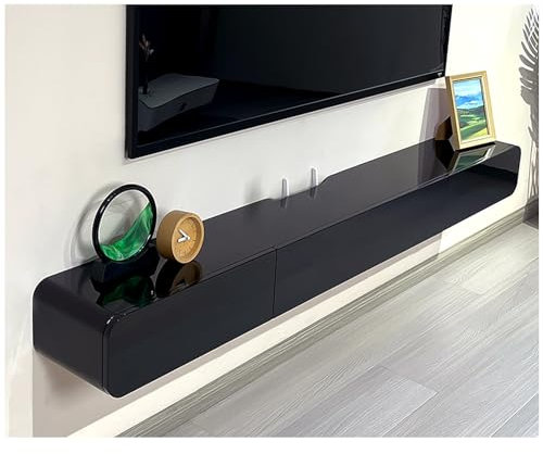 Floating TV Stand with Drawers and Door Wall Mounted TV Console Solid Wood White TV Cabinet Media Console with Router Hole and Hollow Back Living Room TV Storage Shelf