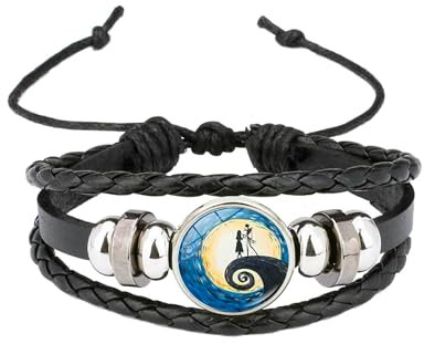 Ticome Jack and Sally Nightmare Before Christmas Leather Braided Rope Bracelet Black Adjustable Multilayer Punk Couple Bracelets for Men Women Valentine's Day