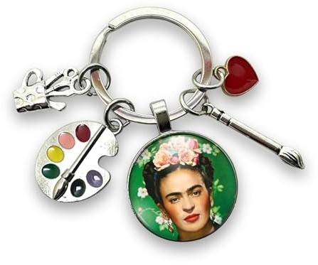 Geschenk-Schlüsselanhänger „Mexikanische Künstlerin“, Malerin, Gemälde, Leinwand mit Glaskabochon und Anhängern: Palette, Pinsel, Pastell und Herz, handgefertigte Kreation