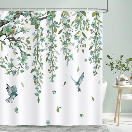 Bonhause Rideau de Douche Fleurs Feuilles Verte Oiseau Branche Rideau de Bain Tissu Polyester Anti Moisissure Imperméable Lavable Rideaux Salle de Bain 180 x 180 cm avec 12 Crochets Baignoire