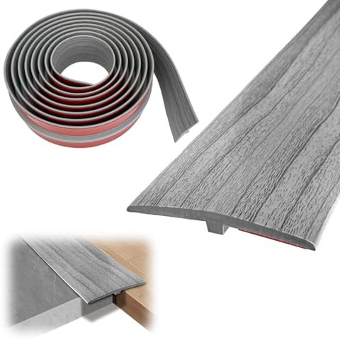 MIUUIPI 3M * 5CM Übergangsprofil Selbstklebend, PVC Türschwellen Leiste, T Profil Übergangsleiste Boden Höhenausgleich Abdeckleiste für Parkettböden Laminate Schwellen (Holzmaserung Grau)