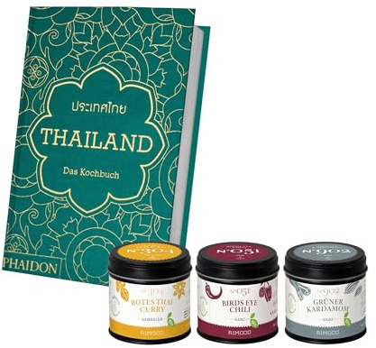 Rimoco Gewürze Geschenkset aus Gewürzen + Das Kochbuch Thailand - bestehend aus Birds Eye Chili N°051, Bio Rotes Thai Curry N°304 und Bio grüne Kardamomkapseln N°902