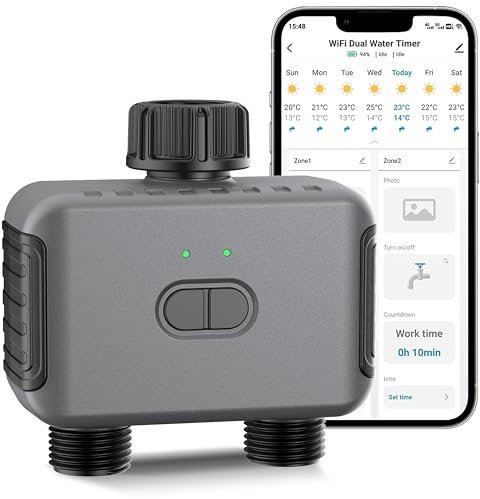 Haozee Ordenador de riego inteligente con 2 salidas, temporizador inteligente de agua para mangueras de jardín, requiere Tuya Zigbee Hub, soporta Home Assistant Zigbee2mqtt