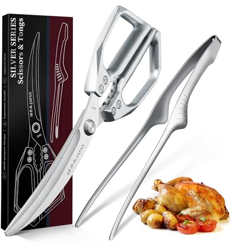 Professional Kitchen Scissors Set, Heavy Duty Kitchen Shears & Cooking Tong | Stainless Steel Meat Scissors and BBQ Tongs Set for Food, Comfortable Handles, Dishwasher Safe, Gifts for Women