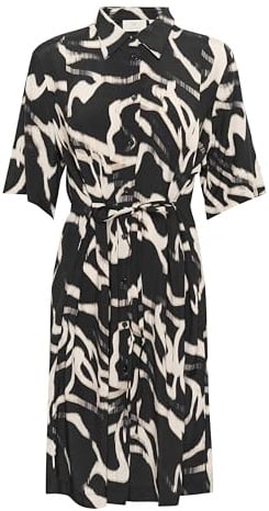 KAFFE Women's Shirt Dress Half Sleeves Buttons Belted Knee Length Regular Fit, Black/Nature Organic Lines, 16