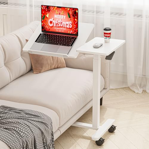 Dripex Tilt Overbed Bedside Table with Wheels, Pneumatic Height Adjustable C-Shaped Rolling Laptop Standing Desk, Side Table for Hospital Bed Sofa Chair, White, 70×40×73-113cm