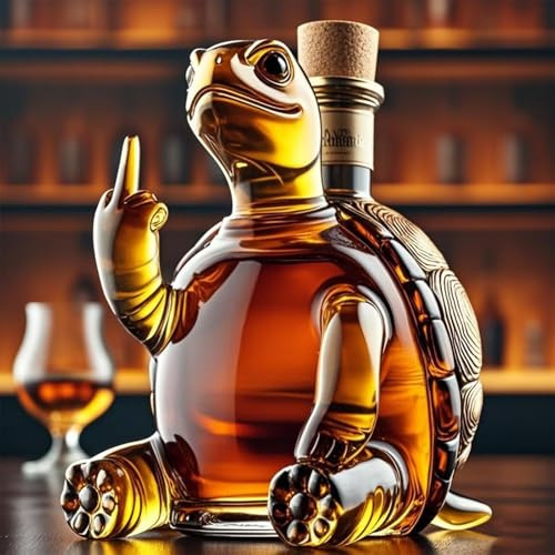 350ML Weindekanter Dekanter Whiskey Karaffe Statue - 3D-Skulptur Einer Whisky-Weinflasche Mit Mittelfinger-Schildkröte, Wunderschöne Weinkaraffe Aus Glas Mit Gravur, Whisky-Dekanter-Dekoration(Turtle)