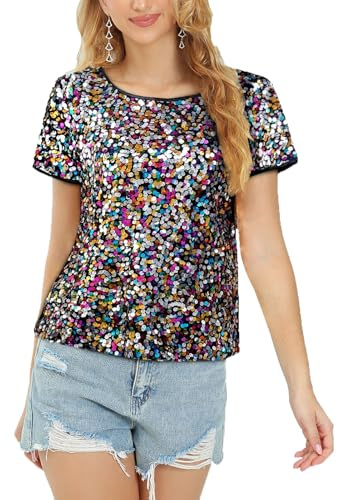 Damen Pailletten Oberteil Glitzer Tops Kurzarm Rundhals T-Shirt Club Casual Elegant Festliche Blusen Disco Sommer Party Outfit Mehrfarbig XXL