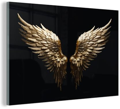 MuchoWow© Wandbilder Glas Wohnzimmer Wanddeko Schlafzimmer Zimmerdeko | 120x80 cm - Wandgemälde Zimmer Deko auf Wand Dekoration Wall Art Flügel - Engel - Gold - Schwarz - Abstrakt