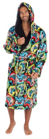 Style It Up Mens Gamer Print Dressing Gown – Super Soft Plush Fleece Hooded Robe with Pockets & Belt Cosy Warm Loungewear (Black, M)