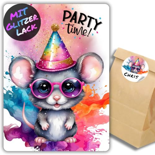 celebr8te 12x Party Maus Glitzer Einladungskarten - Teenager Kindergeburtstag Jungen & Mädchen - coole Tier Geburtstagseinladungen +12 Sticker +12 Geschenktüten