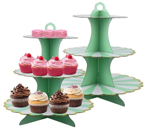 mobumeia 2 Pezzi Alzata per Cupcake Cartone, 3 Ripiani Porta Torta in Cartone Decorazioni per Cupcake Supporto Torre per Dessert per la Festa di Compleanno Nozze (Verde)