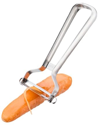 GEFU Sparschäler Y-PRO - Scharfer Pendelschäler aus Edelstahl | Ergonomischer Gemüseschäler mit Ausstechösen, integriertem Abstreifer und spülmaschinenfestem Design
