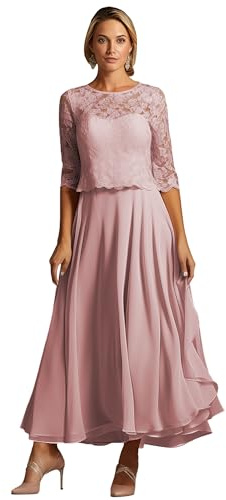 TANPAUL Teelänge Brautmutterkleider Damen Chiffon A-Linie Abendkleid 1/2 Ärmel Festliche Kleider für Hochzeitsgäste