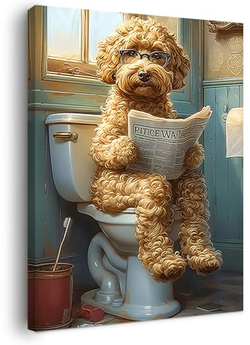 Alptiny Wandbild mit Rahmen 30×40cm Lustiges Badezimmer Hund auf Toilette für Wohnzimmer Schlafzimmer Küche Büro Vintage Wanddeko mit Rahmen, inkl. Haken, Nägel & Magischem (ZSH04, 30×40 cm)