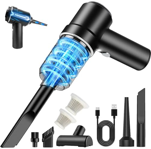 YUEJIDZ 2-in-1 Handstaubsauger Akku Kabellos 9kPa,Mini Auto Staubsauger mit 2 HEPAs und LED-Leuchte,Stark Autostaubsauger Handsauger für PC, Sofa, Auto Büros, Schlafzimmer, Küche, Wohnzimmer(Schwarz)