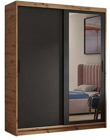 Margaret Hadas24 Kleiderschrank Henry mit Spiegel, Organizer, Mehrzweckschrank, Schwebetürenschrank, Garderobenschrank, Kleiderstange, Schrank, Schwebetürenschrank (Artisan, schwarz, 120 cm)